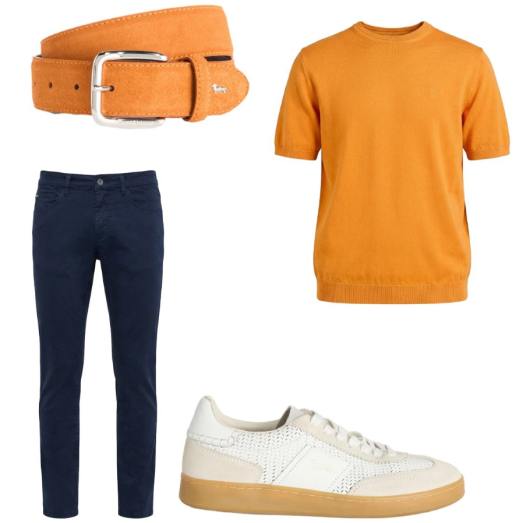 Outfit uomo - Tschirt in maglia. Stile Trendy per Serata speciale. Abbinamento con sneakers, cinture, pantaloni, t-shirt.