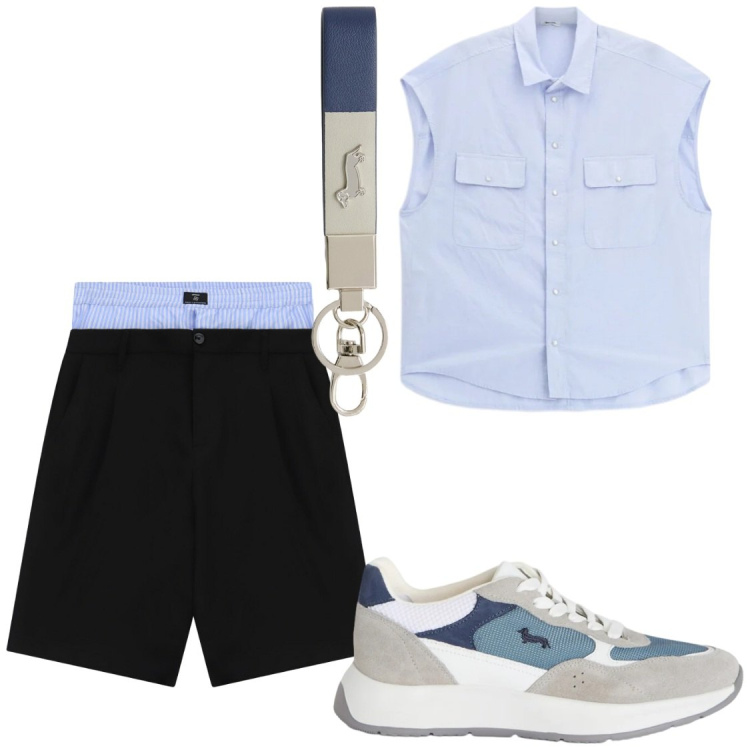 Outfit uomo - Tempo libero. Stile Trendy per Tutti i giorni. Abbinamento con bermuda, camicie a manica corta, sneakers, portachiavi.