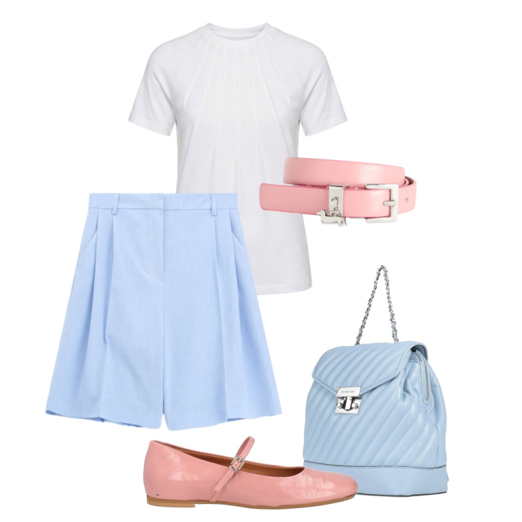Outfit donna - Colori pastello. Stile Casual chic per Tutti i giorni. Abbinamento con ballerine, zaini, bermuda, cinture, t-shirt.