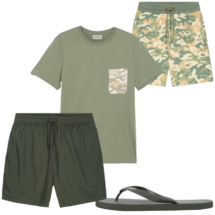 Outfit uomo - Mare. Stile Casual per Mare. Abbinamento con shorts, t-shirt, sandali, costumi.