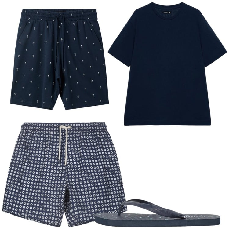 Outfit uomo - Mare. Stile Casual per Mare. Abbinamento con sandali, bermuda, t-shirt, costumi.