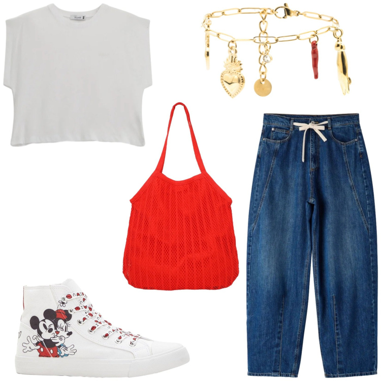 Outfit donna - Total look #2409433. Stile Urban per Tutti i giorni. Abbinamento con sneakers alte, jeans, shopping bag, top, braccialetti.