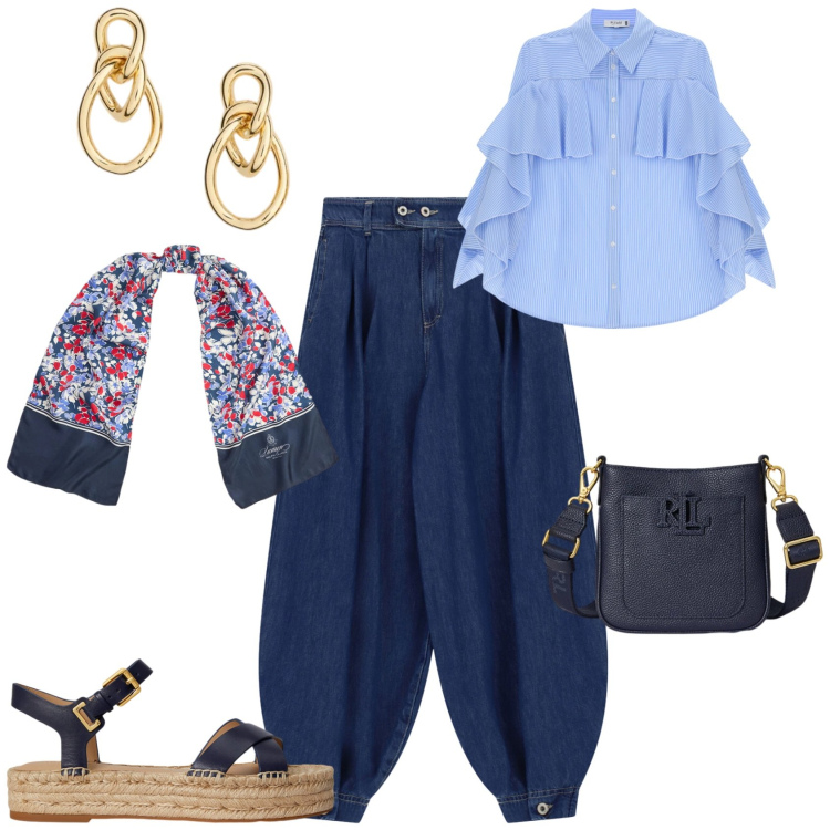 Outfit donna - Casual chic ufficio tempo libero. Stile Casual chic per Tutti i giorni. Abbinamento con camicie, jeans, espadrillas, orecchini, borse a tracolla, foulard.