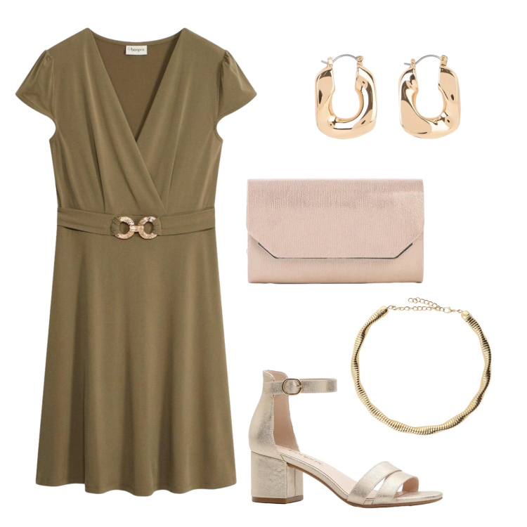 Outfit donna - Cena aziendale. Stile Glamour per Serata fuori. Abbinamento con vestiti, orecchini, sandali col tacco, pochette, collane.