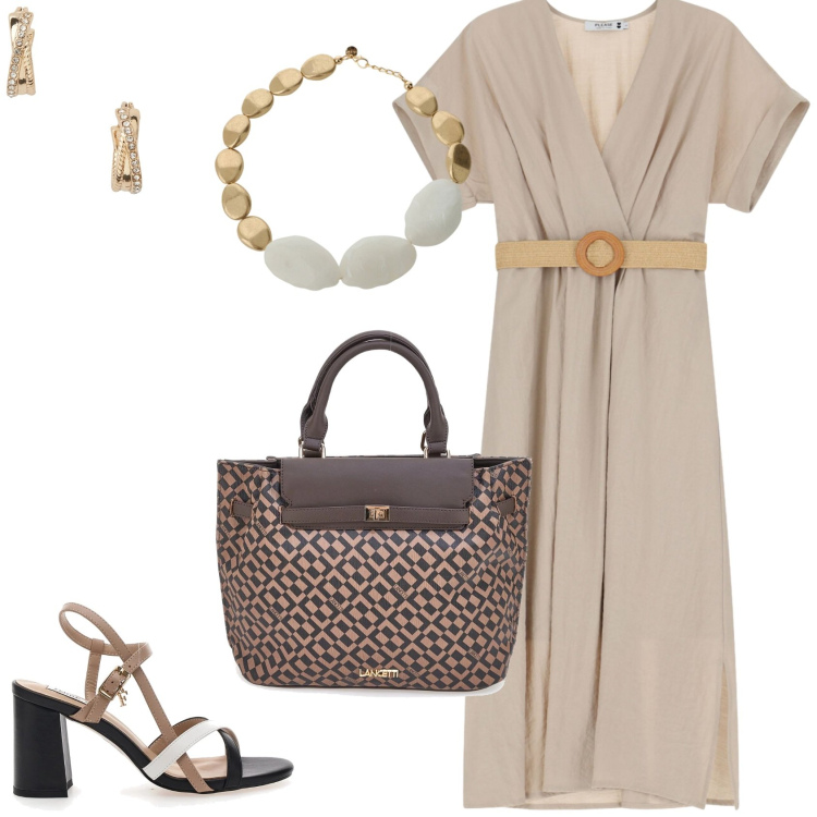 Outfit donna - Lo stile Minimal ed elegante. Stile Minimal per Tutti i giorni. Abbinamento con vestiti midi/longuette, collane, orecchini, sandali col tacco, borse a mano.