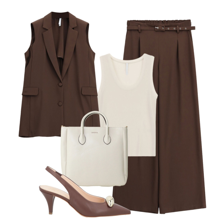 Outfit donna - Marrone e panna. Stile Trendy per Serata fuori. Abbinamento con décolleté, pantaloni a palazzo, top, borse a tracolla, gilet.