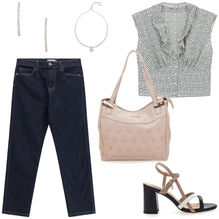 Outfit donna - Please - Casual chic. Stile Casual chic per Tutti i giorni. Abbinamento con camicie, jeans slim fit, braccialetti, orecchini, sandali col tacco, shopping bag.