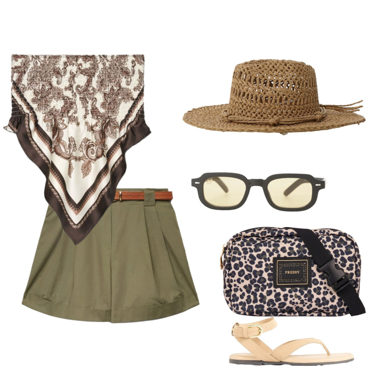 Outfit donna - Turista per caso. Stile Casual chic per Tutti i giorni. Abbinamento con sandali, shorts, top, occhiali da sole, cappelli, marsupi.