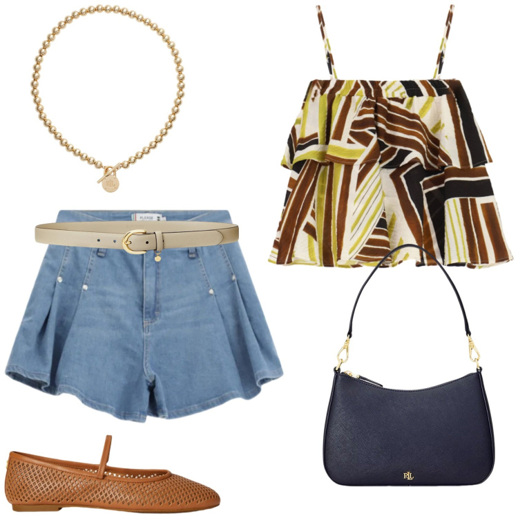 Outfit donna - Please - E\' arrivata l\'estate. Stile Trendy per Tutti i giorni. Abbinamento con shorts, top, borse a spalla, ballerine, collane, cinture.