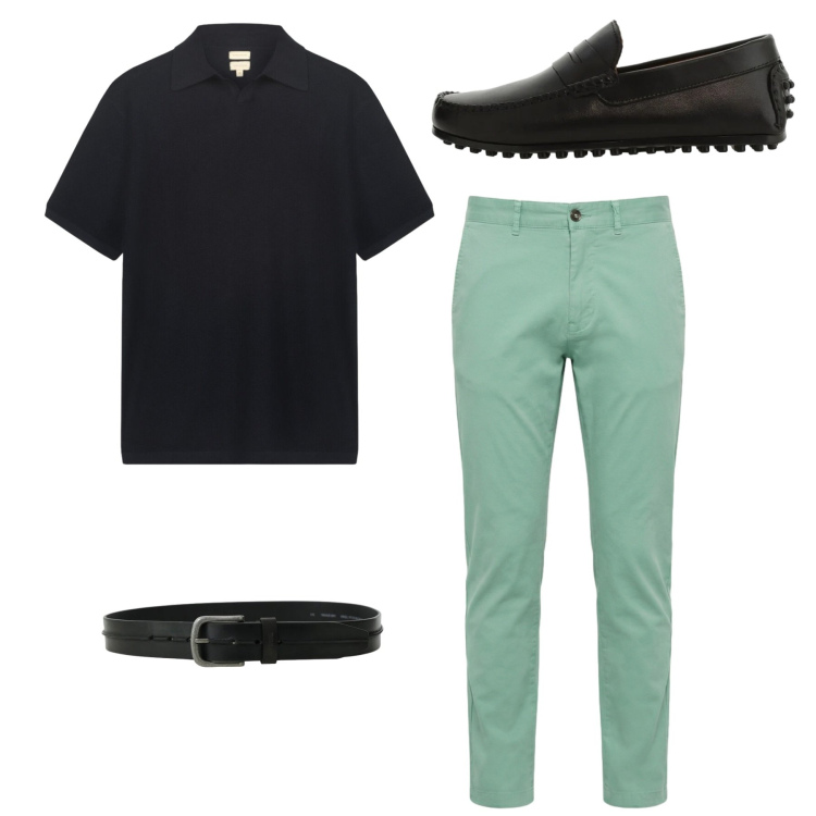 Outfit uomo - Total look. Stile Casual per Tutti i giorni. Abbinamento con scarpe stringate, cinture, pantaloni, polo.