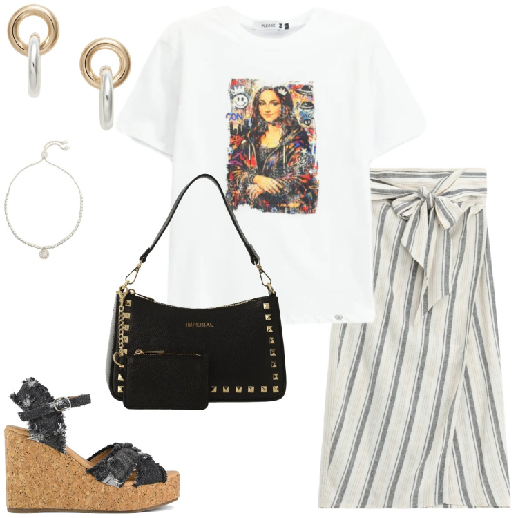 Outfit donna - Please - uno stile Urban. Stile Urban per Serata fuori. Abbinamento con borse a spalla, t-shirt, gonne longuette, orecchini, braccialetti, zeppe.