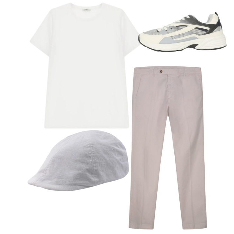 Outfit uomo - Total look. Stile Casual per Tutti i giorni. Abbinamento con sneakers, t-shirt, pantaloni chino, cappelli con visiera.