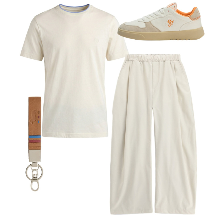 Outfit uomo - Total white. Stile Trendy per Tutti i giorni. Abbinamento con pantaloni, portachiavi, sneakers, t-shirt.