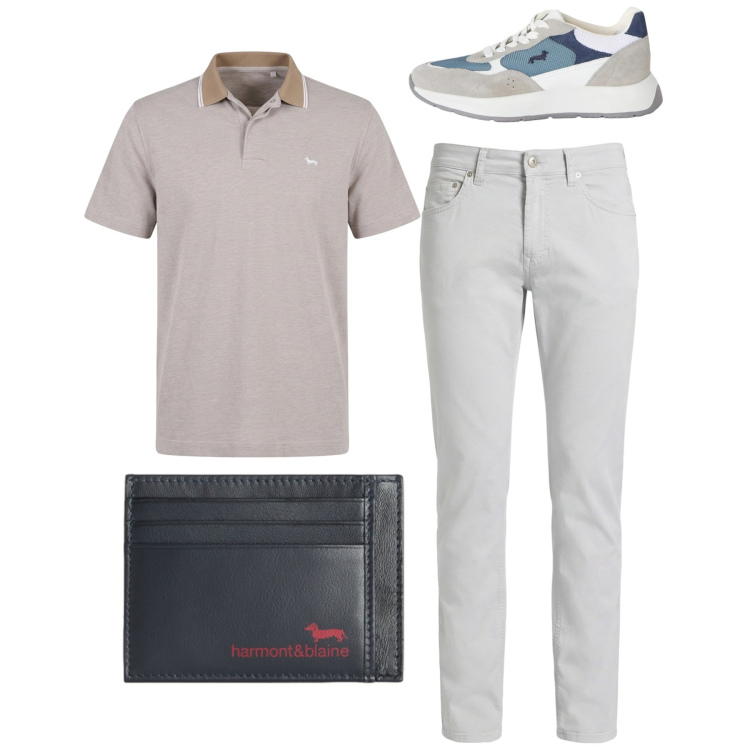 Outfit uomo - Total look. Stile Casual per Tutti i giorni. Abbinamento con sneakers, portafogli, pantaloni, polo.