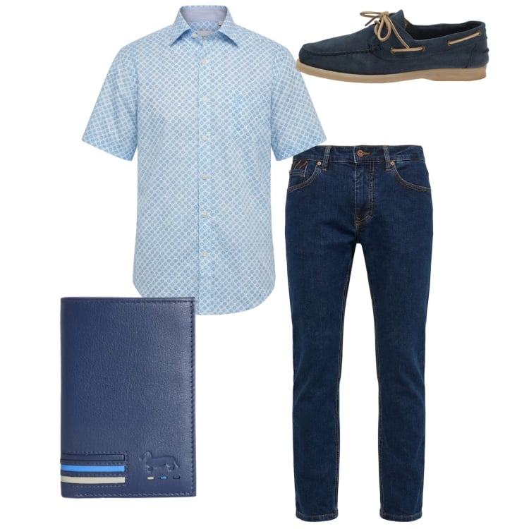 Outfit uomo - Total look. Stile Casual per Tutti i giorni. Abbinamento con pantaloni, portafogli, scarpe stringate, camicie a manica corta.