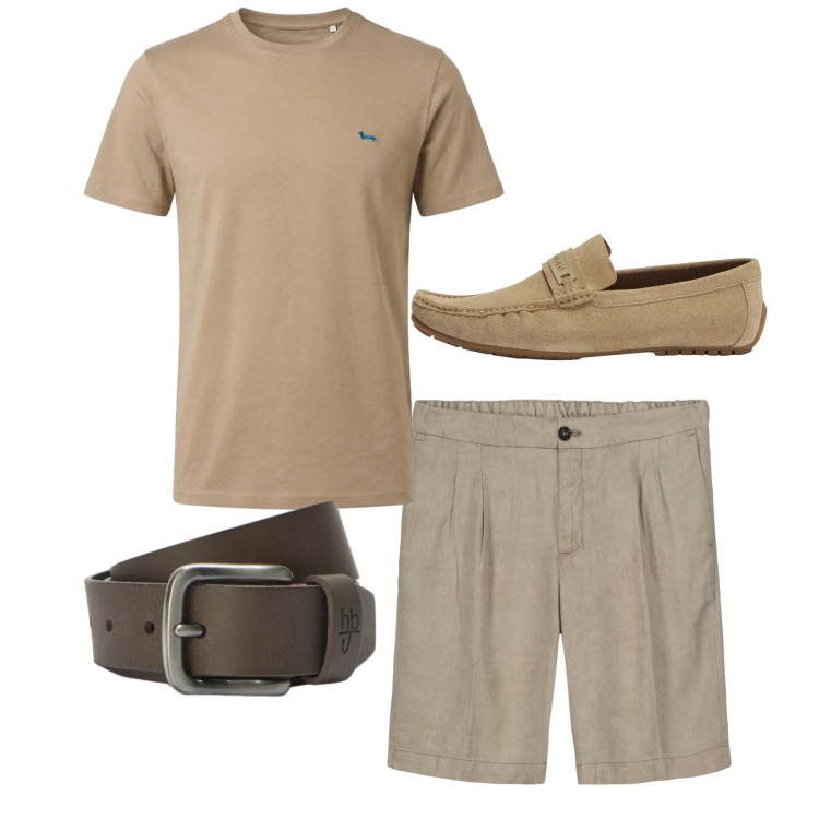 Outfit uomo - Total look. Stile Casual per Tutti i giorni. Abbinamento con t-shirt, scarpe stringate, cinture, bermuda.