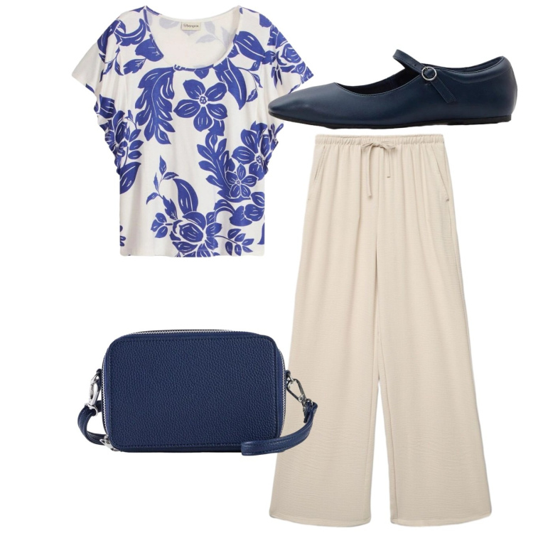 Outfit donna - Total look. Stile Basic per Tutti i giorni. Abbinamento con t-shirt, ballerine, borse a tracolla, pantaloni.