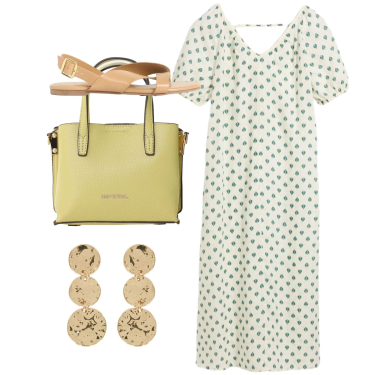 Outfit donna - Total bon ton. Stile Bon Ton per Tutti i giorni. Abbinamento con vestiti, sandali, borse a tracolla, orecchini.