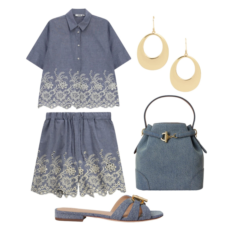 Outfit donna - Aperitivo vista mare. Stile Trendy per Tutti i giorni. Abbinamento con camicie a manica corta, shorts, orecchini, ciabatte, borse a secchiello.