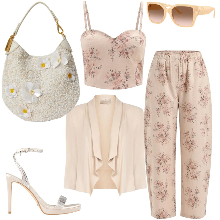 Outfit donna - Dolce eleganza. Stile Glamour per Cerimonia. Abbinamento con sandali col tacco, canottiere, pantaloni, blazer, occhiali da sole, pochette.
