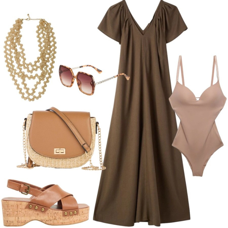 Outfit donna - Weekend. Stile Casual chic per Tutti i giorni. Abbinamento con occhiali da sole, zeppe, borse a tracolla, body, vestiti lunghi, collane.