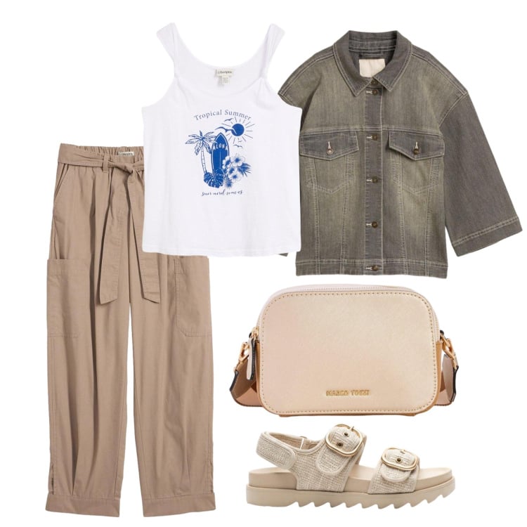 Outfit donna - Maggio. Stile Casual per Tutti i giorni. Abbinamento con pantaloni cargo, cappotti, borse a tracolla, sandali, canottiere.