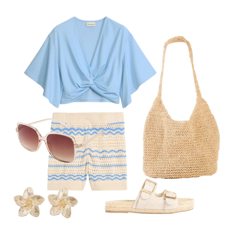 Outfit donna - Maggio. Stile Trendy per Mare. Abbinamento con shorts, bluse, ciabatte, shopping bag, occhiali da sole, orecchini.