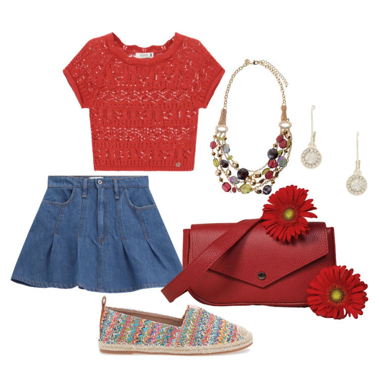 Outfit donna - Maggio. Stile Trendy per Tutti i giorni. Abbinamento con minigonne, top, borse a tracolla, collane, orecchini, espadrillas.
