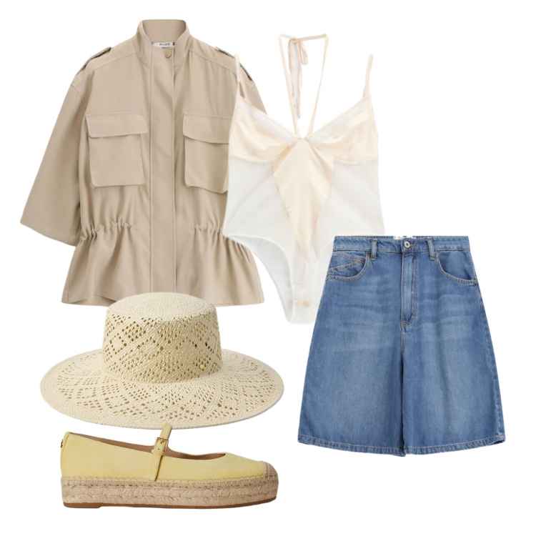 Outfit donna - Maggio. Stile Trendy per Tutti i giorni. Abbinamento con bermuda, parka, espadrillas, cappelli, body.