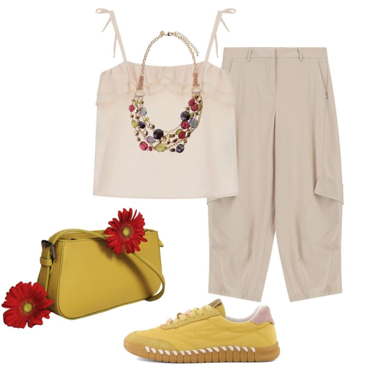 Outfit donna - Comodi e pratici i Pantacargo!!. Stile Casual chic per Tutti i giorni. Abbinamento con top, pantaloni cargo, borse a spalla, collane, sneakers.
