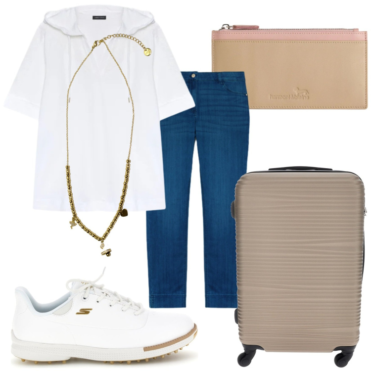Outfit donna - In viaggio. Stile Casual per Tutti i giorni. Abbinamento con portafogli, ciondoli, felpe con cappuccio, jeans skinny, sneakers, valigie.