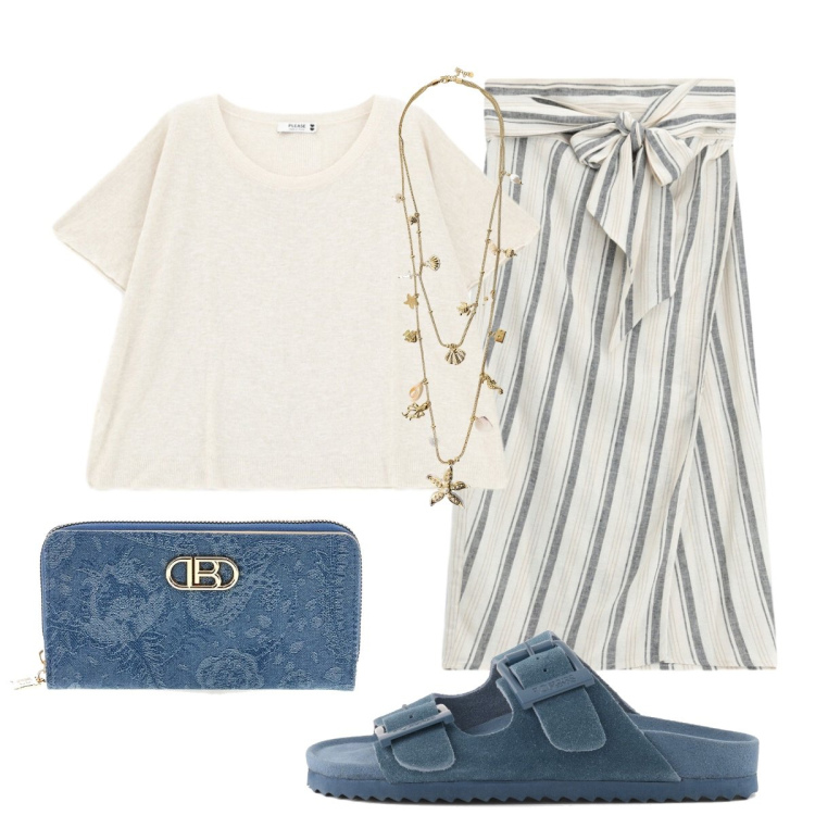 Outfit donna - Stilosa la gonna leggera a portafoglio. Stile Glamour per Mare. Abbinamento con collane, gonne longuette, top, portafogli, sandali in pelle.