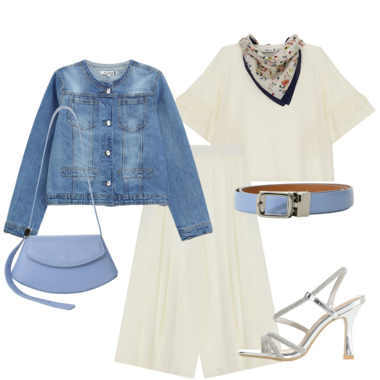 Outfit donna - Un tocco color fiordaliso. Stile Casual chic per Serata fuori. Abbinamento con cinture, sandali col tacco, borse a spalla, top, blazer, pantaloni a palazzo.