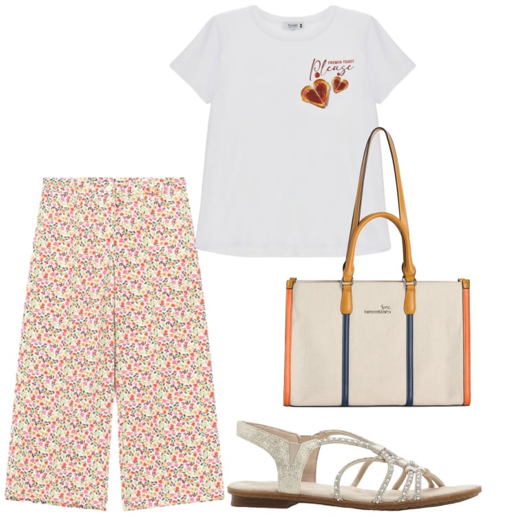 Outfit donna - Total look #2409519. Stile Basic per Tutti i giorni. look ideale per Tall. Abbinamento con sandali, borse tote, pantaloni a palazzo, t-shirt.