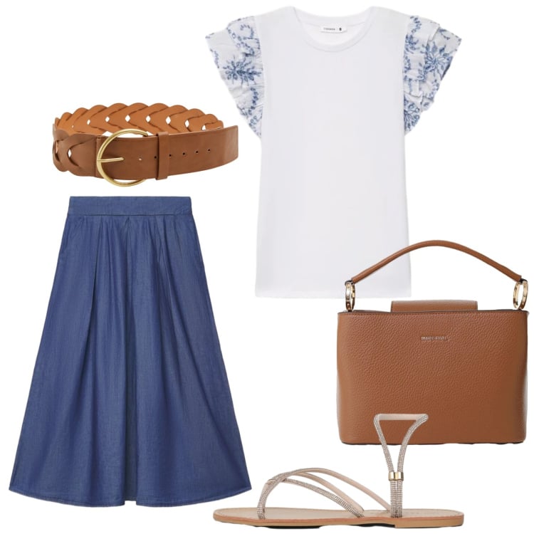 Outfit donna - Total look #2409522. Stile Romantica per Ufficio. Abbinamento con gonne lunghe, t-shirt, sandali, cinture, borse a secchiello.