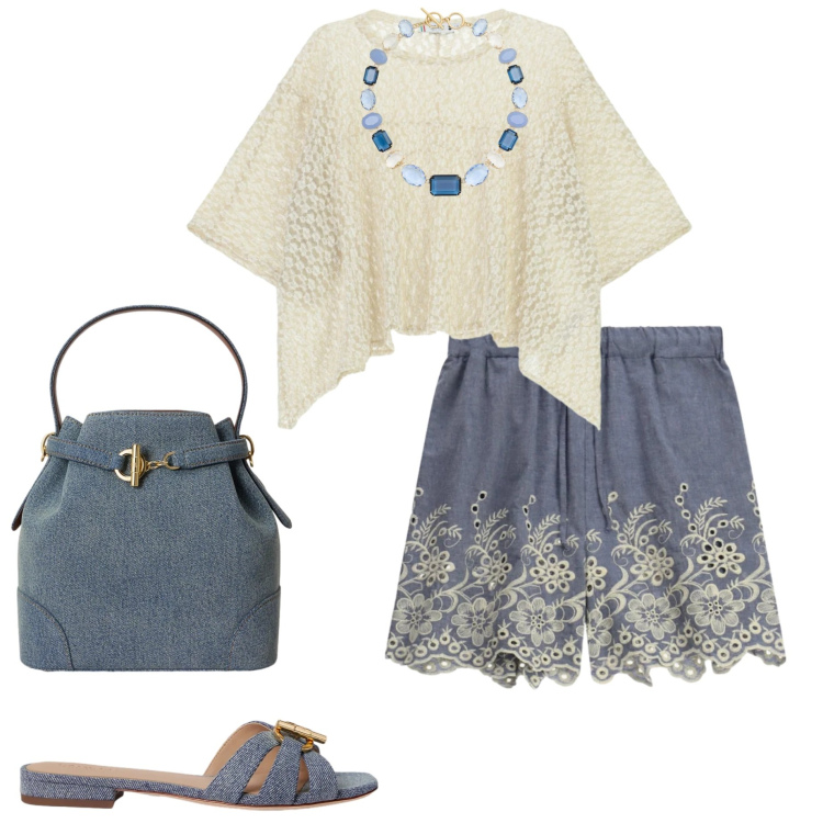 Outfit donna - Please Summer 2026. Stile Casual chic per Serata fuori. Abbinamento con top, shorts, collane, ciabatte, borse a secchiello.