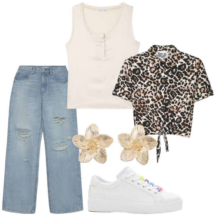 Outfit donna - Total look #2409524. Stile Etnico per Tutti i giorni. Abbinamento con sneakers, orecchini, jeans strappati, canottiere, camicie a manica corta.
