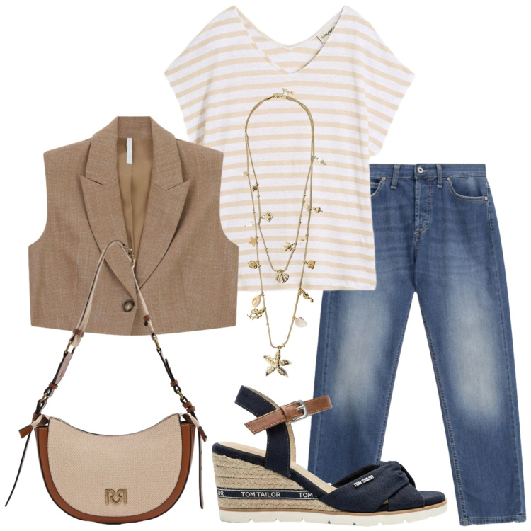 Outfit donna - Total look #2409526. Stile Basic per Tutti i giorni. Abbinamento con t-shirt, sandali col tacco, gilet, collane, jeans dritti, borse a tracolla.