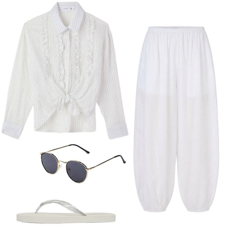 Outfit donna - Total look #2409527. Stile Boho per Mare. Abbinamento con occhiali da sole, infradito, camicie, pantaloni.