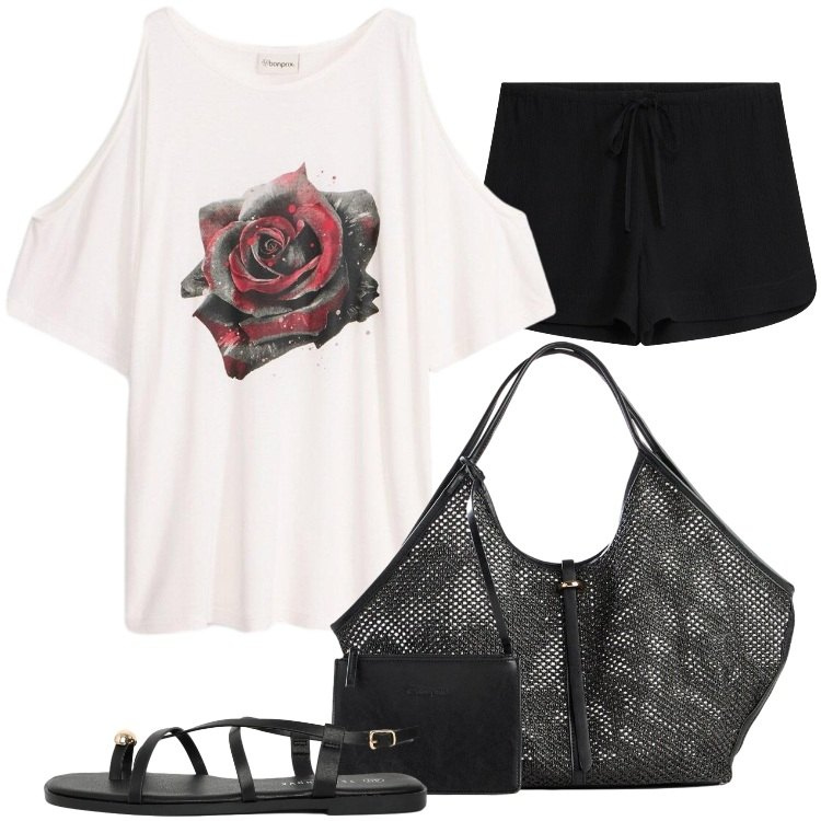 Outfit donna - Total look #2409528. Stile Boho per Mare. Abbinamento con shopping bag, shorts, bluse, sandali.