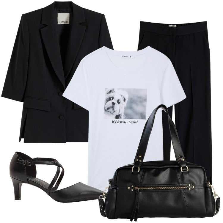 Outfit donna - Total look #2409529. Stile Urban per Ufficio. Abbinamento con blazer, décolleté, pantaloni, borse a mano, t-shirt.