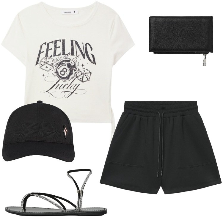 Outfit donna - Total look #2409530. Stile Trendy per Mare. Abbinamento con cappelli con visiera, bermuda, t-shirt, portafogli, sandali.