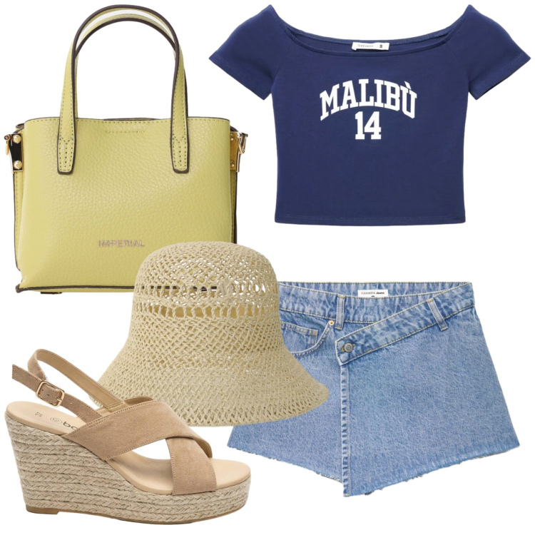 Outfit donna - Stampe che raccontano. Stile Casual per Tutti i giorni. Abbinamento con sandali col tacco, minigonne, t-shirt, borse a tracolla, cappelli.