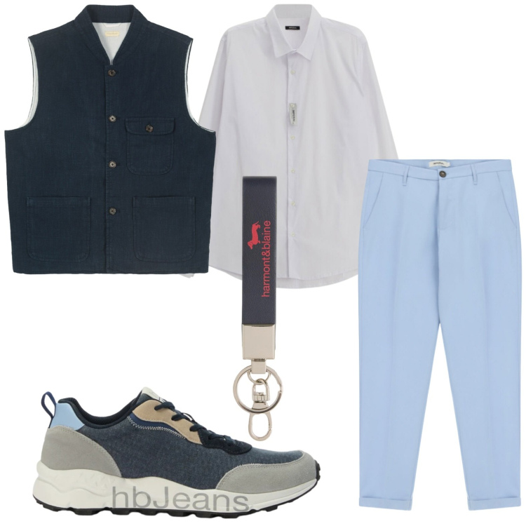 Outfit uomo - Gilet e camicia. Stile Casual per Tutti i giorni. Abbinamento con camicie, pantaloni, portachiavi, sneakers, gilet.