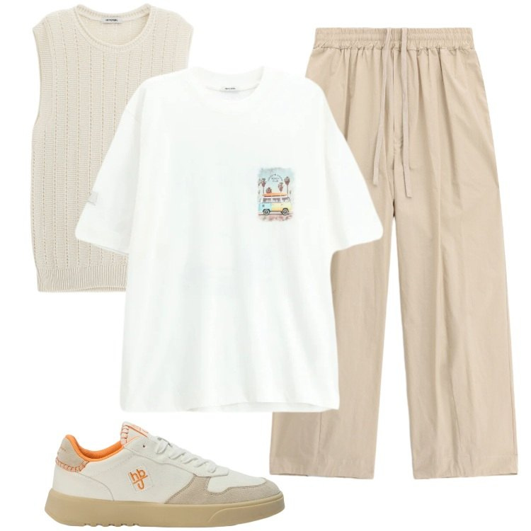Outfit uomo - Total look #2409537. Stile Trendy per Mare. Abbinamento con pantaloni, maglieria, t-shirt, sneakers.