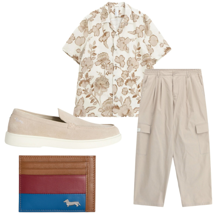 Outfit uomo - Portafoglio colorato. Stile Trendy per Tutti i giorni. Abbinamento con camicie a manica corta, pantaloni cargo, scarpe stringate, portafogli.