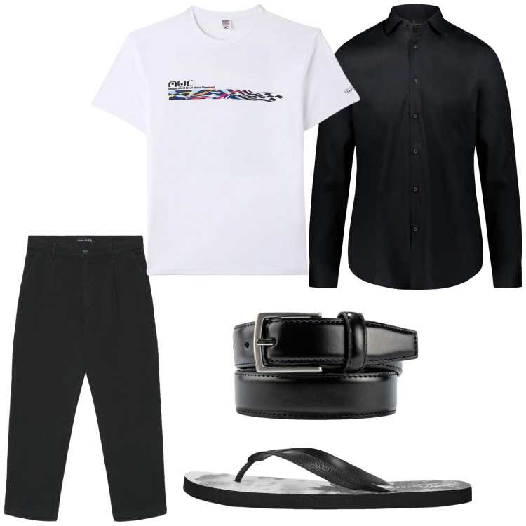 Outfit uomo - Minimal. Stile Trendy per Tutti i giorni. Abbinamento con t-shirt, sandali, pantaloni chino, camicie, cinture.