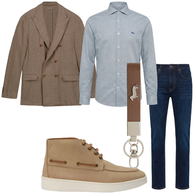 Outfit uomo - Classico casual. Stile Trendy per Tutti i giorni. Abbinamento con portachiavi, camicie, jeans, stivali e stivaletti, giacche.