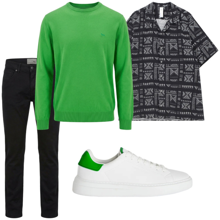 Outfit uomo - Colori sincronizzati. Stile Casual per Tutti i giorni. Abbinamento con camicie a manica corta, pullovers, pantaloni, sneakers.