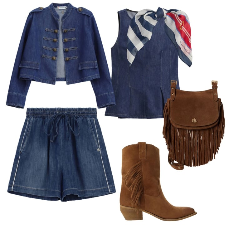 Outfit donna - Essere libere. per Tutti i giorni. Abbinamento con blazer, top, shorts, stivali, borse a tracolla, foulard.
